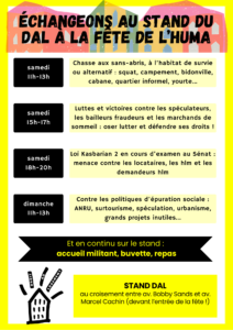 Programme du stand du DAL à la fête de l'huma 2024